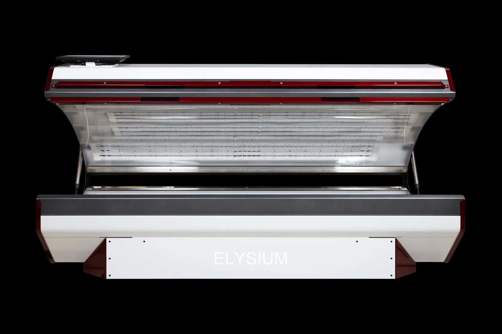 The ARRC LED Elysium bed with its canopy raised, ready for a whole-body red light session