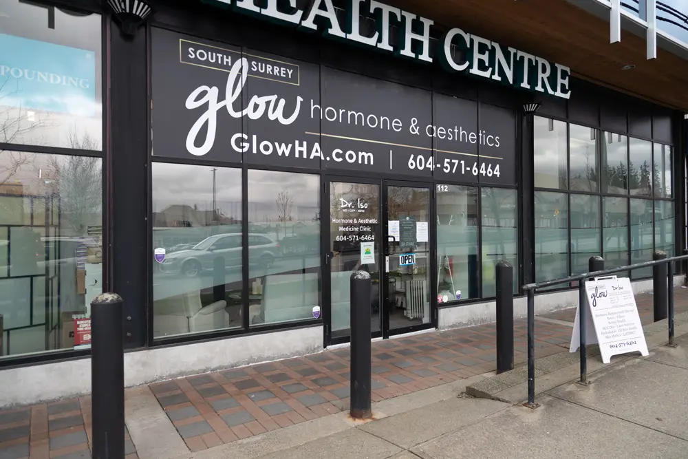 Street entrance of South Surrey Glow Hormone & Aesthetics at 15388 24 Ave, Suite 112 — the clinic offering red light therapy near White Rock